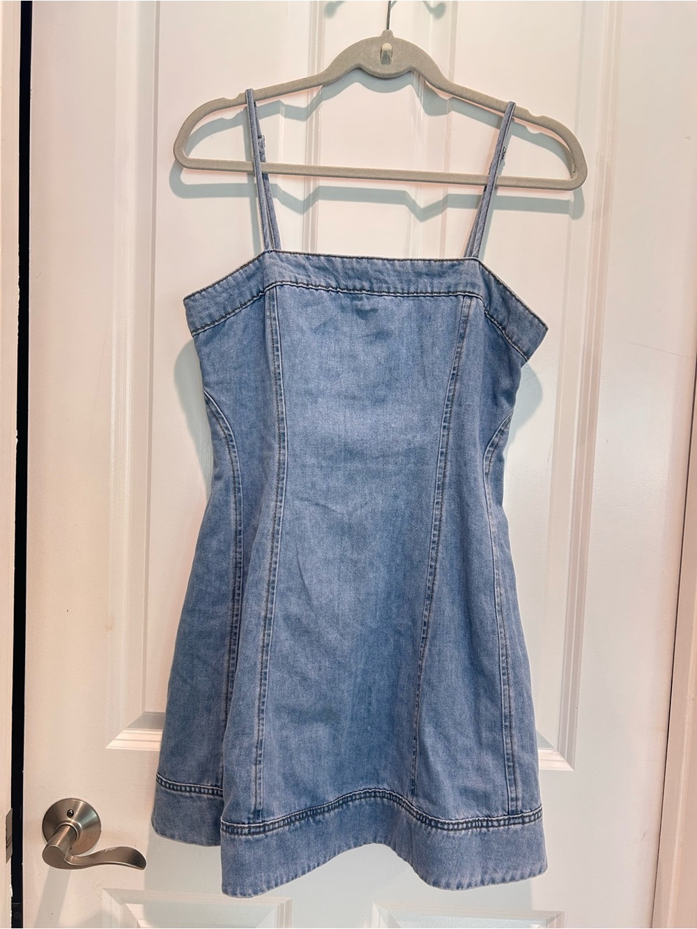 Lush Light Wash Denim Mini Dress Square Neck Sleeveless A-Line Cottagecore - Picture 3 of 9